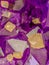 Amethyst crystals with yellow calcite cubes high magnification macro image