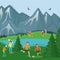 Amicable family play sport game in mountain outdoor national park flat vector illustration. Character people workout
