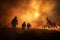 Amidst billowing flames and thick smoke, a powerful image encapsulates the valiant efforts of firefighters battling an inferno. Th