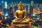 Amidst the bustling cityscape, a majestic golden Buddha statue stands tall, radiating a sense of tranquility and