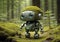 Amidst the ferns and moss, a robot covered in moss takes its place in the heart of the forest