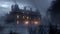 Amidst the foggy moors a grand mansion stands tall its windows aglow with flickering candles and hidden mysteries. .