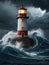 Amidst the fury red lighthouse stands firm against stormy seas. Generated AI