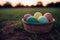 Amidst green grass, a basket overflows with a plethora of Easter eggs, each painted in a delightful array of lively colors.