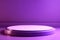 Amidst a purple wall backdrop, a round podium merges with a square design for a product showcase.