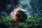 Amidst smoke, soccer ball rests on stadium grass, offering room for creative design