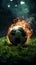 Amidst smoke, soccer ball rests on stadium grass, offering room for creative design