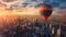 Amidst the towering skyscrapers a hot air balloon floats peacefully effortlessly gliding over the city. The vibrant