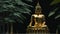 Amidst a tranquil oasis of green leaves, a majestic golden Buddha statue serenely, its radiant presence contrasting with the