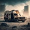 Amidst War zone: Ambulance Destroyed by Fire. Generative AI