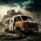 Amidst War zone: Ambulance Destroyed by Fire. Generative AI