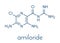 Amiloride diuretic drug molecule. Used in treatment of hypertension and congestive heart failure. Skeletal formula.