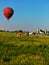 Amish man plowing a field, with hot air balloon hovering above