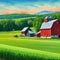 Amish Red barn and green tourism in a summer for a greeting Painting in acrylic art A work of