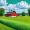 Amish Red barn and green tourism in a summer for a greeting Painting in acrylic art A work of