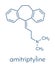 Amitryptiline tricyclic antidepressant drug molecule. Used in treatment of clinical depression. Skeletal formula.