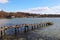 Ammersee Bavarian lake, wooden jetty with mallards