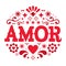 Amor pattern, Valentine`s Day vector greeting card - love, Mexican folk art pattern with flowers, hearts and abstract shapes