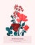 Amore red roses romantic flower card. Nature botanical spring concept, holiday greeting save the date card.  Hand-drawn vector