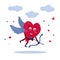Amorous character. Red heart with wings in the sky, releases the arrow of love