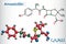 Amoxicillin drug molecule. It is beta-lactam antibiotic. Structural chemical formula and molecule model