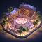 Amphitheaters outdoor theaters for live performances with stages audiences lively 3D isometric AI