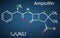 Ampicillin drug molecule. It is beta-lactam antibiotic. Structural chemical formula on the dark blue background