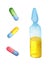 Ampoule with a vaccine and early colored tablets.