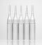 Ampoules. Transparent capsules with liquid on white background. Medicament for health care. Pharmaceutical industry. Pharmacy