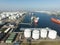 Amsterdam, 2th of March 2022, The Netherlands. Oil petrochemical storage silos and large transportation vessels in West