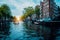 Amsterdam beautiful tree-lined canal with cruise boat in warm sunset light