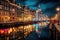 Amsterdam canal at night, Holland, Netherlands. Cityscape. Amsterdam City Illuminated Building and Canal at night, Netherlands, AI