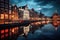 Amsterdam canal at night, Holland, Netherlands. Travel background. Amsterdam City Illuminated Building and Canal at night,