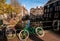 Amsterdam canal view and bicycles on the bridge