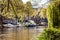 Amsterdam canal view with small boats. Spring day in the city