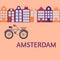 Amsterdam city flat art. Travel landmark, architecture of netherlands, Holland houses, european building isolated set, bike