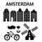 Amsterdam city flat art. Travel landmark, architecture of netherlands, Holland houses, european building isolated set, windmill, b