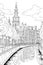 Amsterdam cityscape black and white vector coloring page