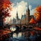 Amsterdam cityscape with a bridge and autumn leaves