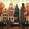 Amsterdam cityscape with old houses and boats. Vector illustration.