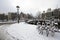 Amsterdam covered with snow with the Westerkerk in Netherlands