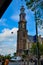 Amsterdam, Holland, August 2019. The bell tower of the Western Church, in Dutch