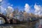 AMSTERDAM, NETHERLANDS, MARCH, 10 2018: Beautiful outdoor view Amsterdam canals with bridge and typical dutch houses