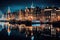 Amsterdam at night with reflection in water. Netherlands. Europe, Amsterdam City Illuminated Building and Canal at night,