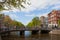 Amsterdam - Panoramic view of Amstel river with bridge and houses