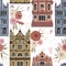 Amsterdam. Seamless pattern with historic buildings and traditional architecture of Netherlands.