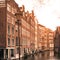 Amsterdam streets. View of narrow residential houses in historical city centre of Amsterdam, Netherlands