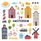 Amsterdam travel illustrations on white background. Visit Amsterdam cute vector icons and elements