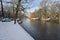 Amsterdam winter snow canal Amstel city center.