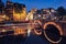 Amterdam canal, bridge and medieval houses in the evening